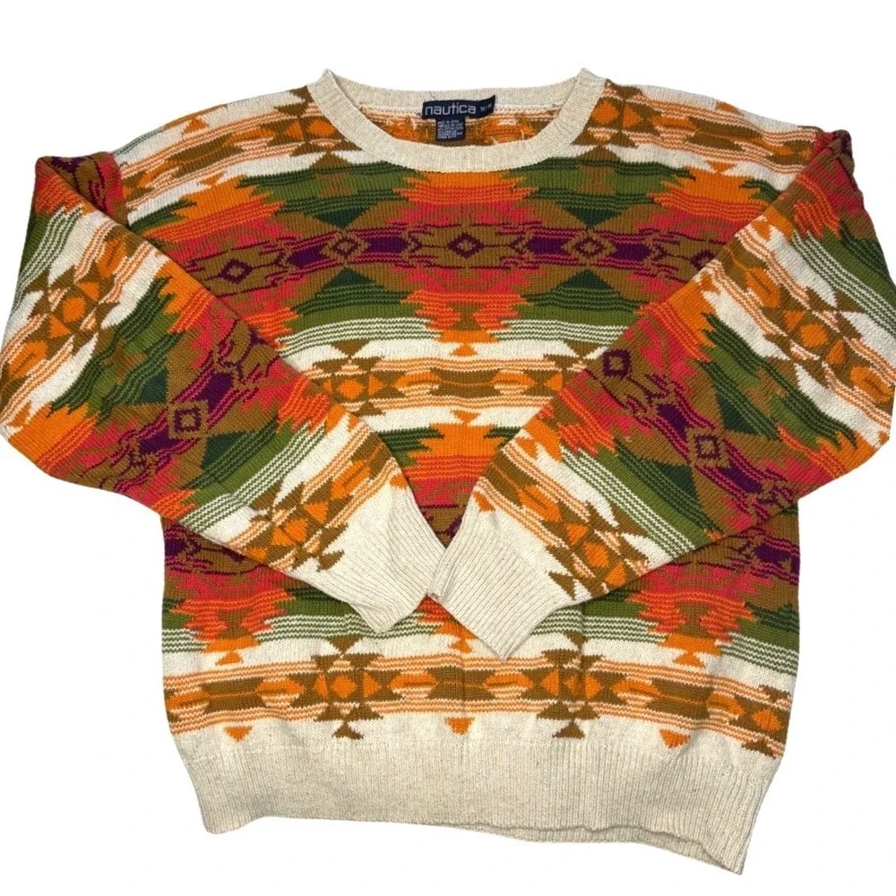 90s Vintage Nautica Aztec Southwestern‎ Sweater Medium Cotton Knit Cabin Core
